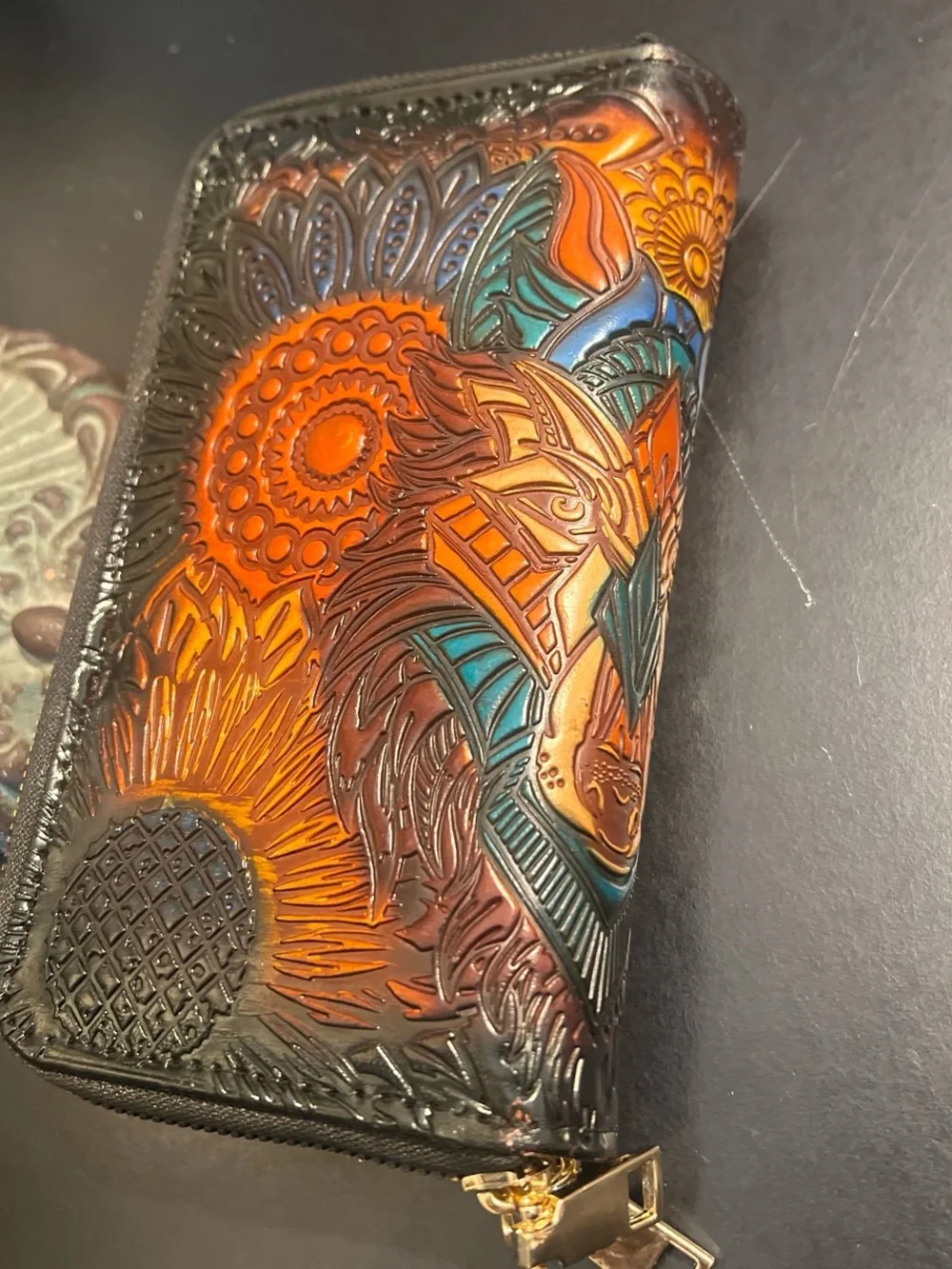 Embossed Floral Leather Zip Wallet - Black & Orange NWOT
